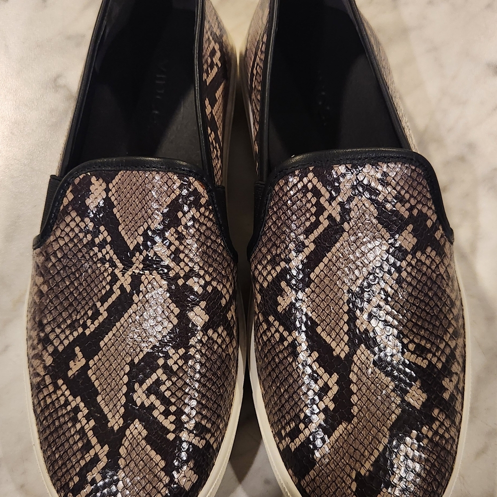 Vince Snakeskin Slip-On Loafers in Black and Brown